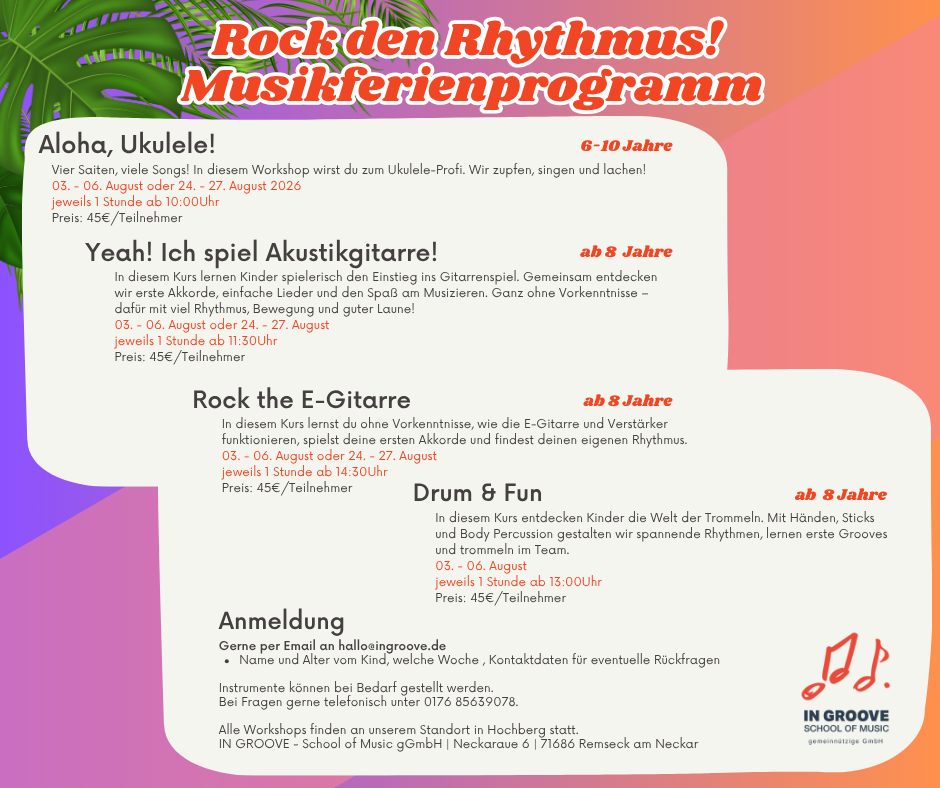 Remseck Musikschule IN GROOVE Sommerferienprogramm 2026
